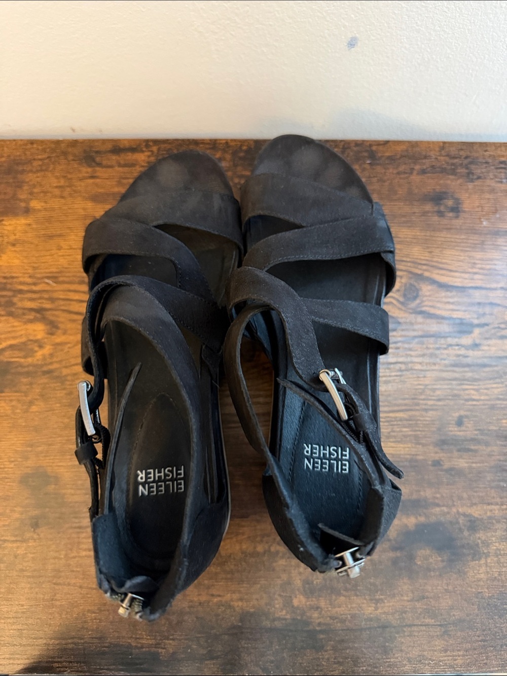 EILEEN FISHER Smart Sport Sandals black strappy platform wedge black size 7 - Picture 6 of 7